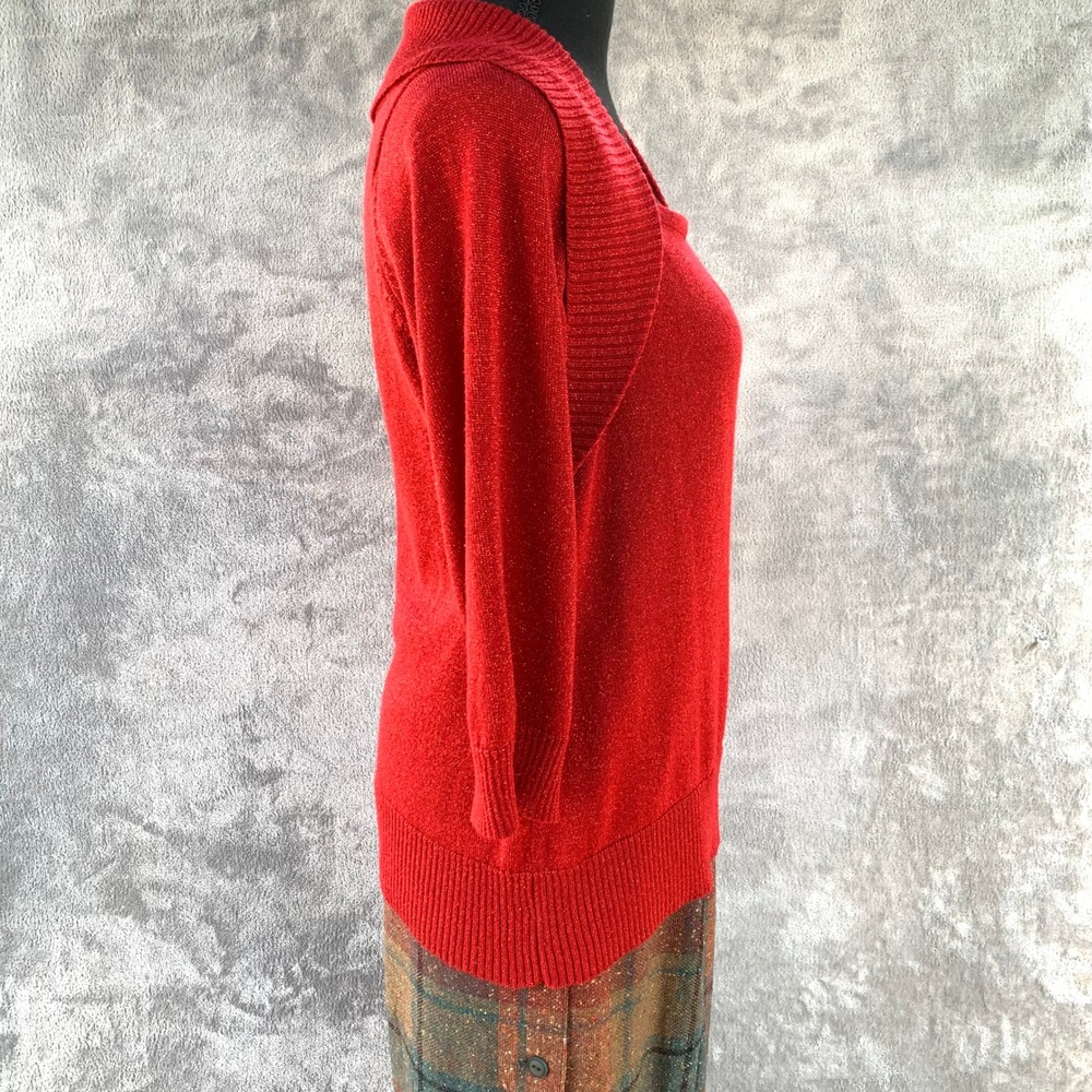 Red Metallic Knit Sweater Tank & Shrug Set | Lurex Holiday Party Twinset M L - Picture 3 of 12